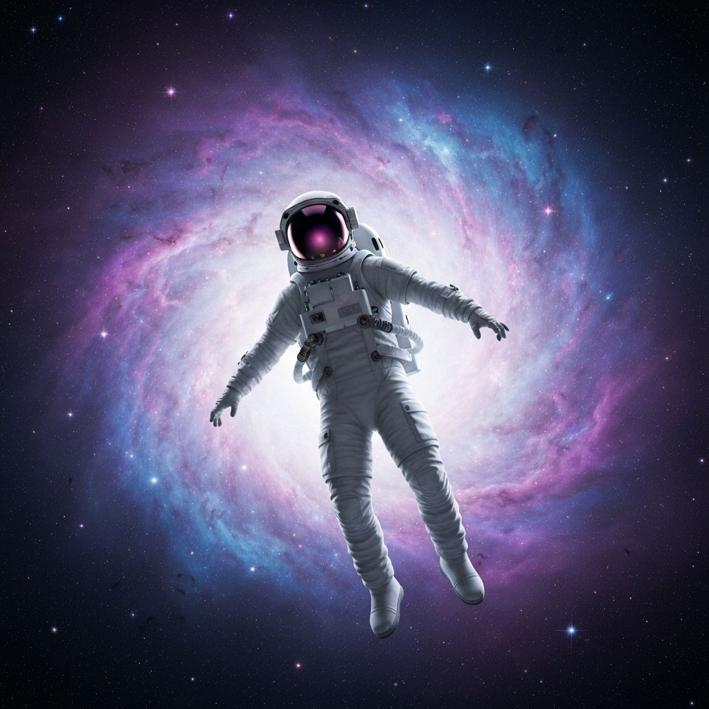 Astronaut in space suit floating in microgravity environment